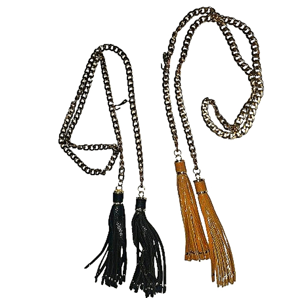 Bundle, 2 Gold And Tassel Leather Belts, Brown/ Black